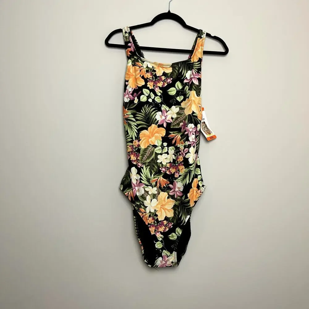 NWT Hurley Floral  One-Piece UPF 50+ Stretch Swimsuit‎ Orange Waikiki Wonder XXL